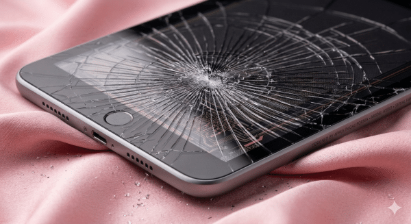 A premium replacement 9.7-inch Retina LCD display panel for an iPad 6th Gen (2018), shown on a solid light pink background for Atlantis repair services.