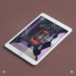 A premium replacement Retina LCD internal display panel for an iPad, shown on a solid light pink background for Atlantis repair services.