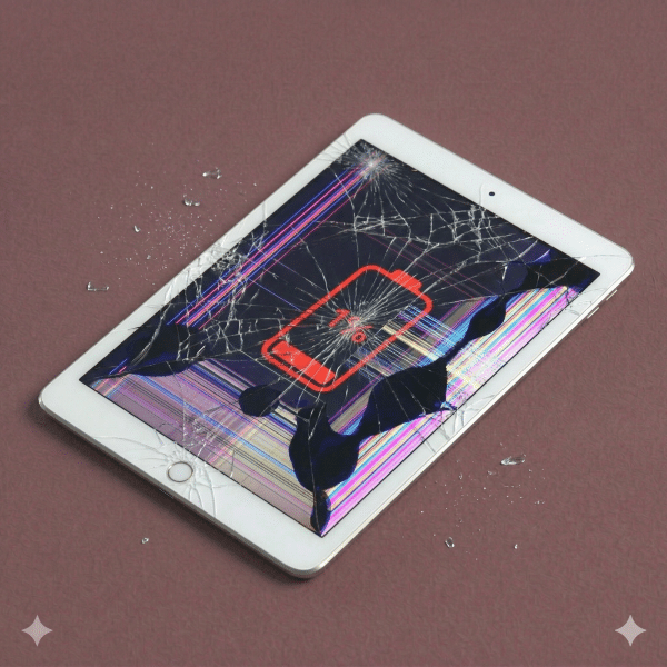 A premium replacement Retina LCD internal display panel for an iPad, shown on a solid light pink background for Atlantis repair services.