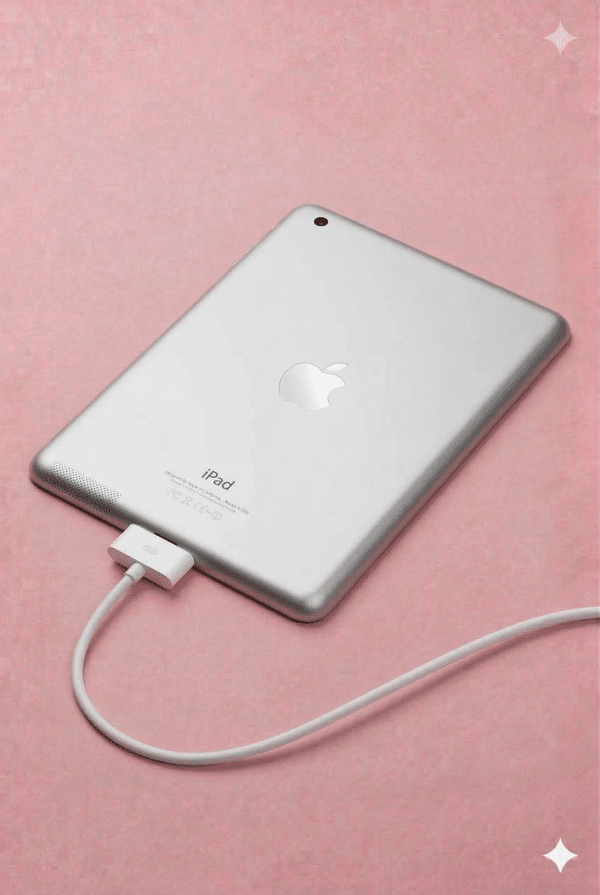 A professional technician replacing the dual-lens camera module and LiDAR scanner on an iPad Pro, displayed on a solid light pink background for Atlantis UK-wide repair services.