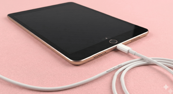 A premium replacement Lightning charging port and dock connector flex cable for an iPad, shown on a solid light pink background for Atlantis repair services.