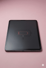 A high-capacity replacement iPad lithium-polymer battery displayed on a solid light pink background for Atlantis repair services, representing a fix for a flat battery that will no longer hold a charge.