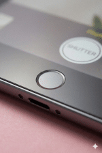 A premium replacement home button flex cable assembly with tactile dome switch for an iPad, shown on a solid light pink background for Atlantis repair services.