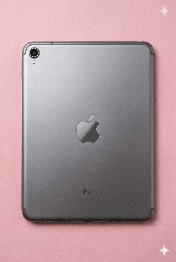 A premium replacement aluminium rear housing for an iPad Mini, shown on a solid light pink background for Atlantis iPad Mini back repair services.