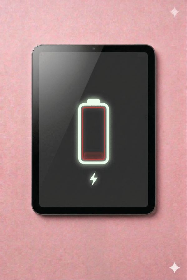 A premium high-capacity replacement battery for an iPad Mini, displayed on a solid light pink background for Atlantis UK-wide battery repair services.