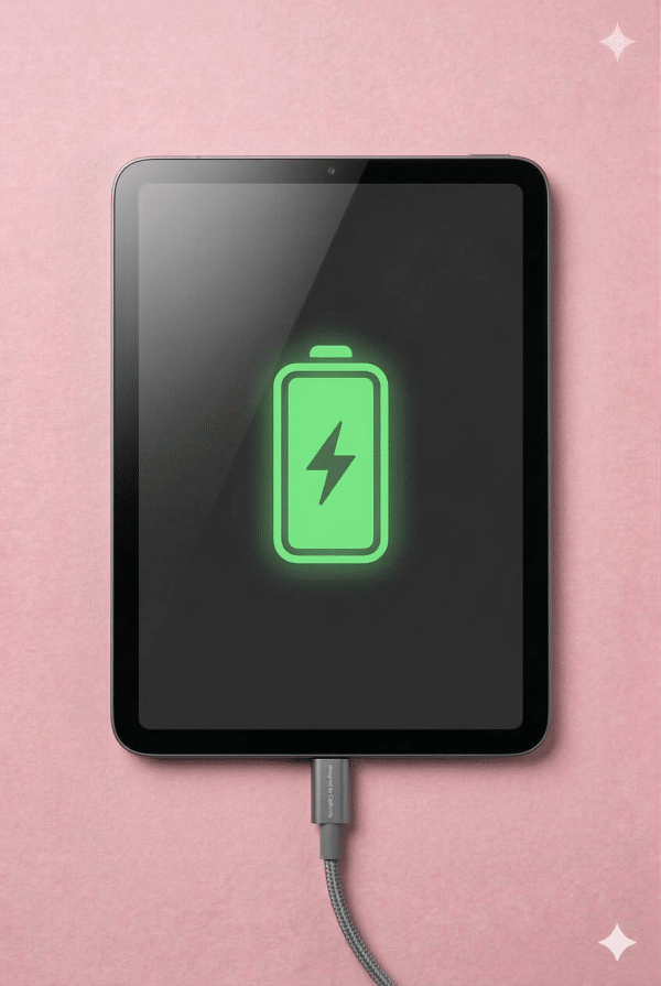 A premium replacement Lightning or USB-C charging port flex cable for an iPad Mini, displayed on a solid light pink background for Atlantis £80 repair services.