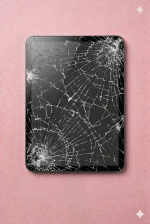 A premium replacement glass digitiser and touch-sensitive front panel for an iPad Mini, displayed on a solid light pink background for Atlantis iPad Mini glass repair services.