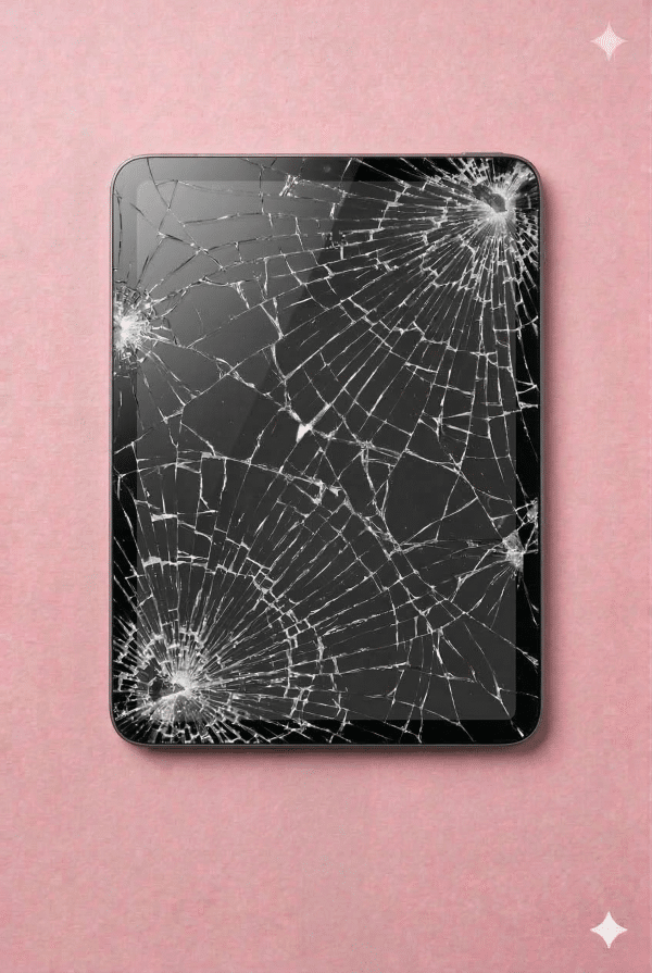 A premium replacement glass digitiser and touch-sensitive front panel for an iPad Mini, displayed on a solid light pink background for Atlantis iPad Mini glass repair services.