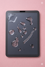 An iPad Mini motherboard undergoing professional ultrasonic cleaning and micro-soldering to fix liquid damage, displayed on a solid light pink background for Atlantis repair services.