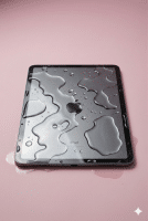 A professional technician using a digital microscope and precision micro-soldering tools to remove corrosion from an iPad Pro 2018 logic board, shown on a solid light pink background for Atlantis repair services.
