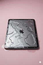 A professional technician using a digital microscope and precision micro-soldering tools to remove corrosion from an iPad Pro 2018 logic board, shown on a solid light pink background for Atlantis repair services.