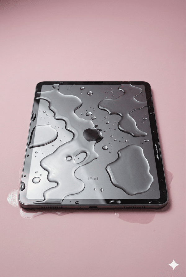 A professional technician using a digital microscope and precision micro-soldering tools to remove corrosion from an iPad Pro 2018 logic board, shown on a solid light pink background for Atlantis repair services.