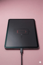 A premium replacement USB-C charging port and high-speed data dock connector for an iPad Pro 11-inch and 12.9-inch, shown on a solid light pink background for Atlantis repair services.