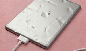 A pristine replacement aluminium rear housing for an iPad Pro, displayed on a solid light pink background for Atlantis Canterbury and UK-wide repair services.