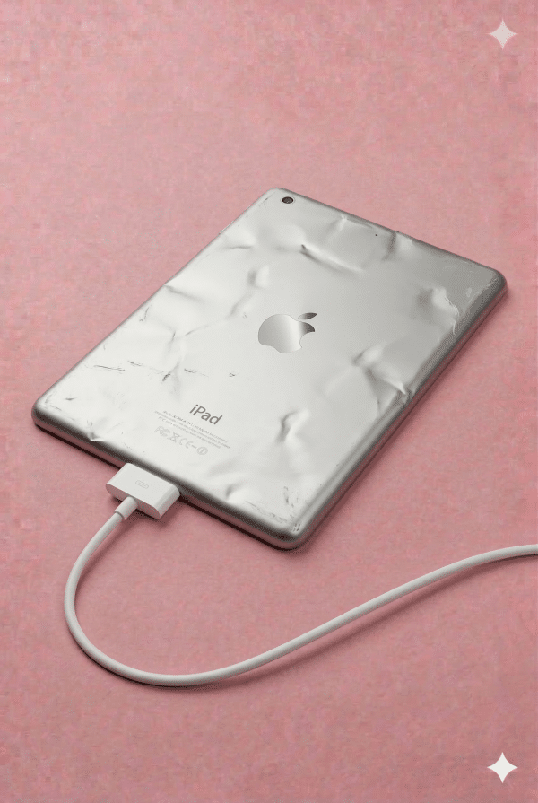 A pristine replacement aluminium rear housing for an iPad Pro, displayed on a solid light pink background for Atlantis Canterbury and UK-wide repair services.