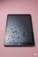A professional technician using a digital microscope and precision tools to treat corrosion on an iPad logic board after a liquid spill, shown on a solid light pink background for Atlantis repair services.