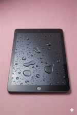 A professional technician using a digital microscope and precision tools to treat corrosion on an iPad logic board after a liquid spill, shown on a solid light pink background for Atlantis repair services.