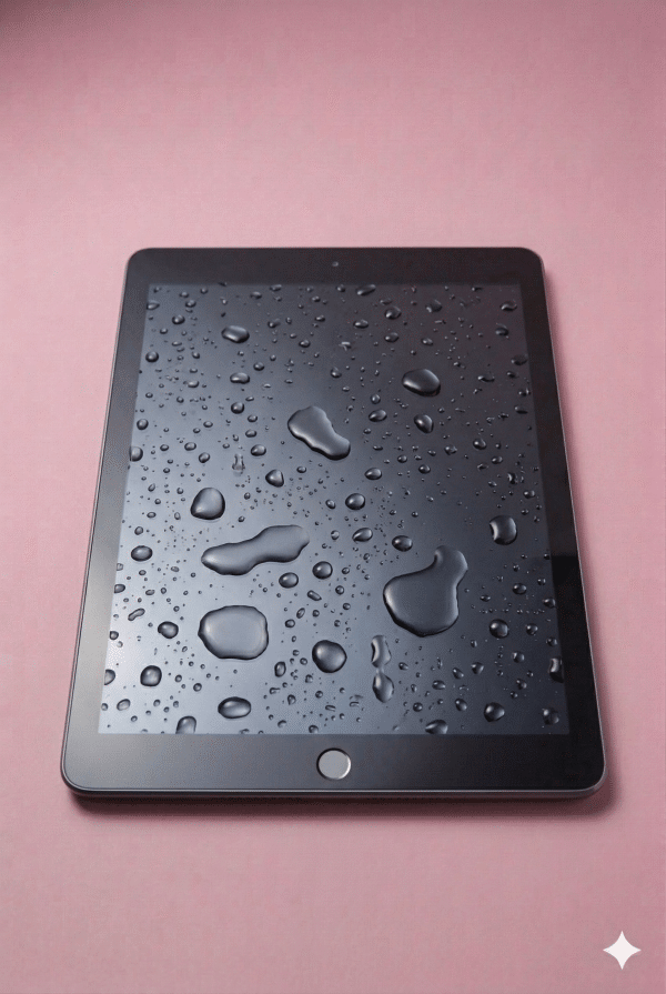 A professional technician using a digital microscope and precision tools to treat corrosion on an iPad logic board after a liquid spill, shown on a solid light pink background for Atlantis repair services.