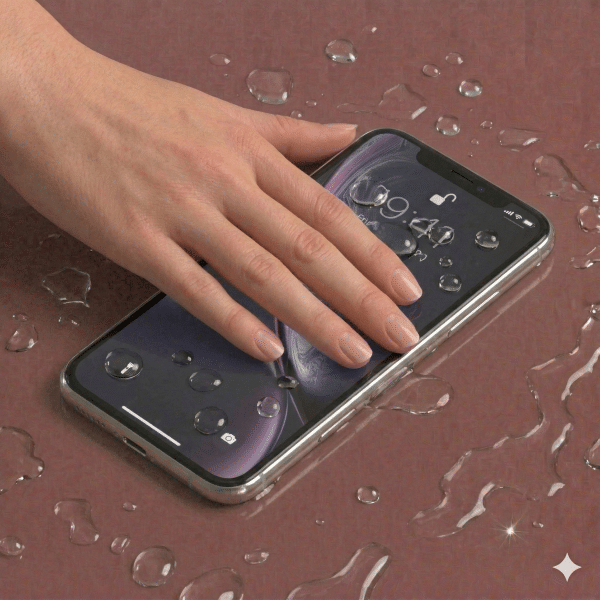 Detailed internal view of an iPhone 11 logic board showing specialist corrosion removal and ultrasonic cleaning, positioned on a solid light pink background for Atlantis repair services.