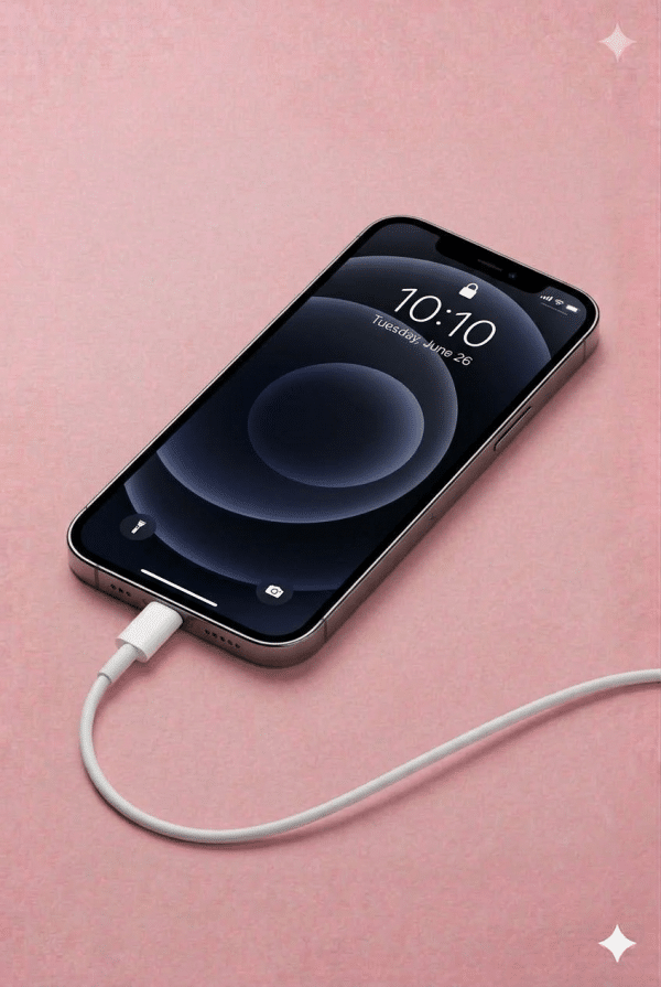 A professional technician replacing the internal Lightning connector and microphone flex cable assembly for an iPhone 12 Pro, displayed on a solid light pink background for Atlantis repair services.