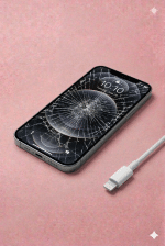 A high-quality replacement Super Retina XDR OLED screen for an iPhone 12 Pro Max, displayed on a solid light pink background for Atlantis UK-wide repair services.