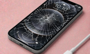 A high-quality replacement Super Retina XDR OLED screen for an iPhone 12 Pro Max, displayed on a solid light pink background for Atlantis UK-wide repair services.