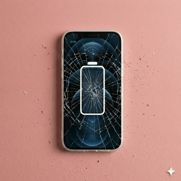 Close-up of a high-quality replacement Super Retina XDR OLED display assembly for the Apple iPhone 12 Pro, positioned on a solid light pink background for Atlantis repair services.