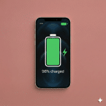 Close-up of a high-capacity internal replacement battery for the Apple iPhone 12, Mini, Pro, and Pro Max series, positioned on a solid light pink background for Atlantis repair services.