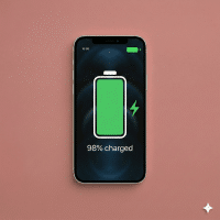 Close-up of a high-capacity internal replacement battery for the Apple iPhone 12, Mini, Pro, and Pro Max series, positioned on a solid light pink background for Atlantis repair services.