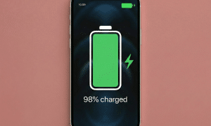 Close-up of a high-capacity internal replacement battery for the Apple iPhone 12, Mini, Pro, and Pro Max series, positioned on a solid light pink background for Atlantis repair services.