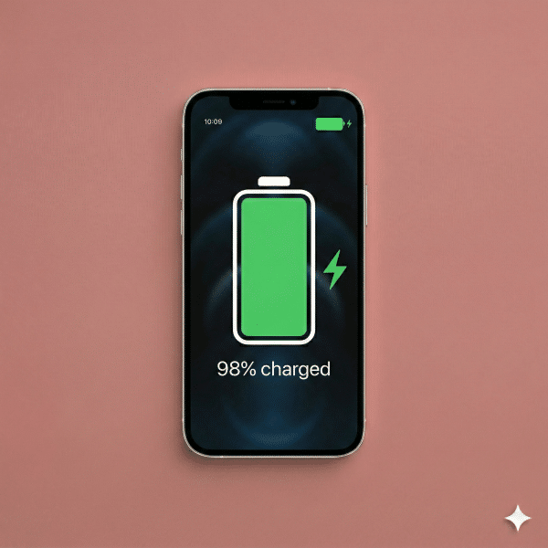 Close-up of a high-capacity internal replacement battery for the Apple iPhone 12, Mini, Pro, and Pro Max series, positioned on a solid light pink background for Atlantis repair services.