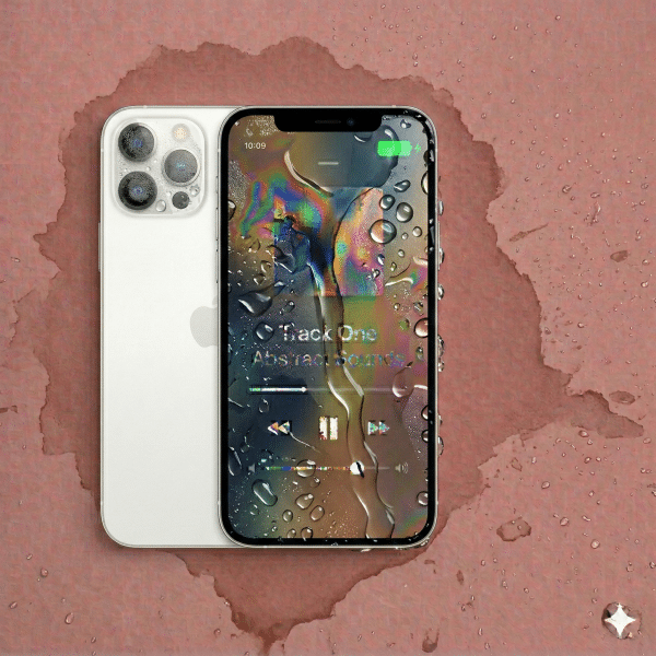 Close-up of the internal logic board and water-resistant gaskets of an Apple iPhone 12, Mini, Pro, or Pro Max, positioned on a solid light pink background for Atlantis repair services.