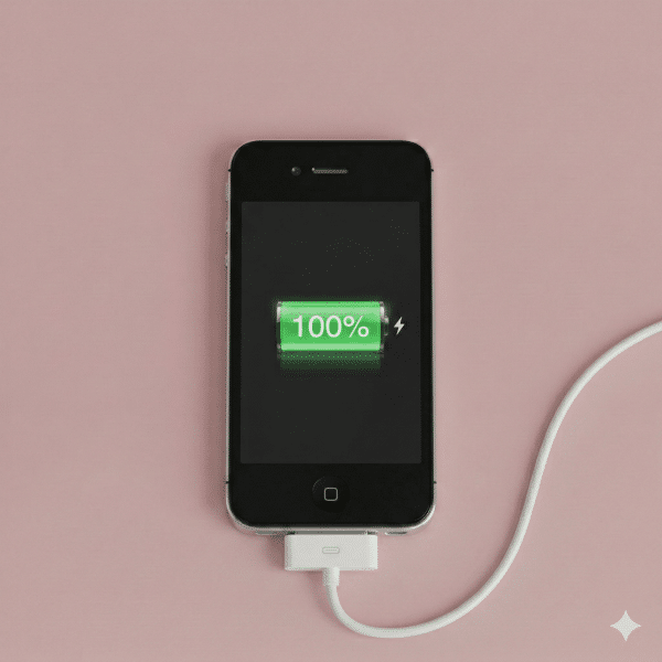 Close-up of the 30-pin charging port and dock connector on an Apple iPhone 4 and 4S, set against a solid light pink background for Atlantis repair services.