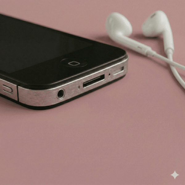 Close-up of the 3.5mm headphone jack on the top edge of an Apple iPhone 4, positioned on a solid light pink background for Atlantis repair services.