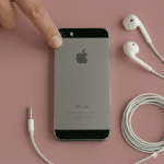 Close-up of the power button on the top edge of an Apple iPhone 5, positioned on a solid light pink background for Atlantis repair services.