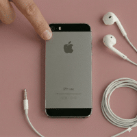 Close-up of the power button on the top edge of an Apple iPhone 5, positioned on a solid light pink background for Atlantis repair services.