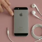 Close-up of the rear camera lens and LED flash of an Apple iPhone 5, positioned on a solid light pink background for Atlantis repair services.
