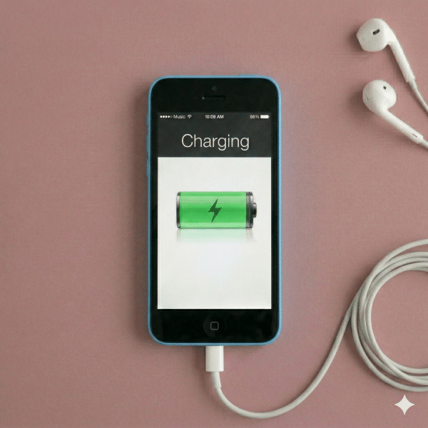 Close-up of the Lightning charging port and dock connector assembly for an iPhone 5, 5S, 5C, and 5SE, positioned on a solid light pink background for Atlantis repair services.