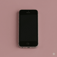 Close-up of an Apple iPhone 5S with a shattered and cracked glass screen, positioned on a solid light pink background for Atlantis repair services.