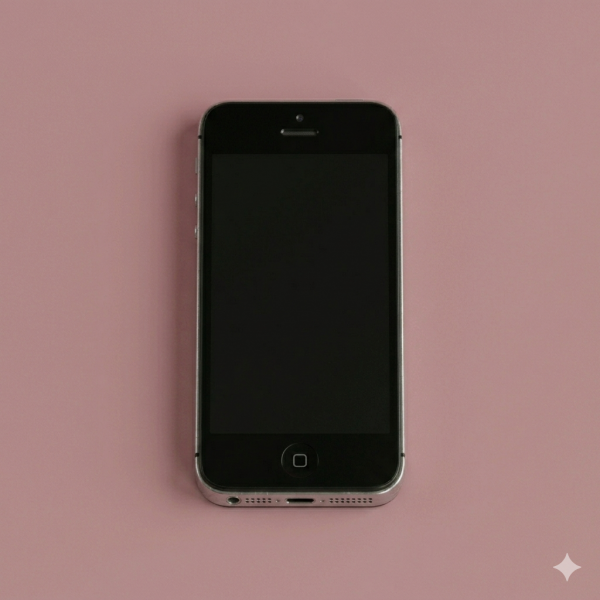 Close-up of an Apple iPhone 5S with a shattered and cracked glass screen, positioned on a solid light pink background for Atlantis repair services.