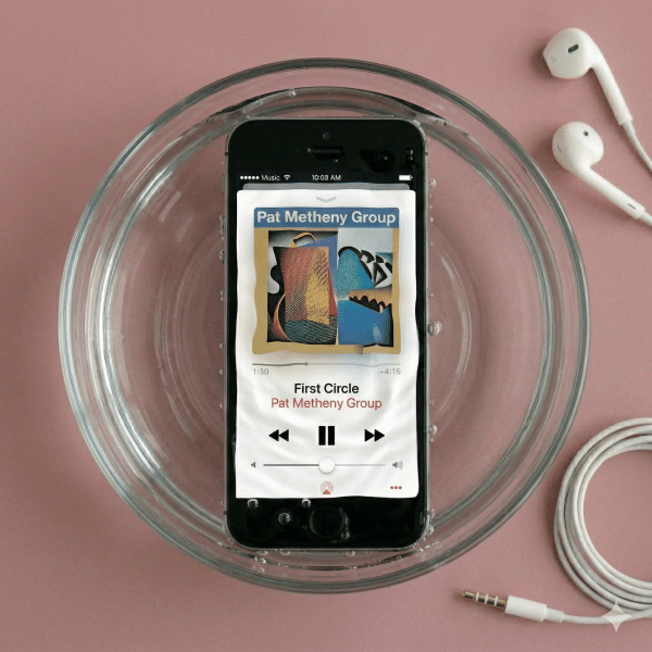 Close-up of an Apple iPhone 5S being treated for liquid exposure, showing the internal components on a solid light pink background for Atlantis repair services.