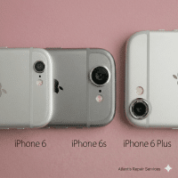 Close-up of the rear camera lens and flash on an Apple iPhone 6 and 6S series handset, set against a solid light pink background for Atlantis repair services.