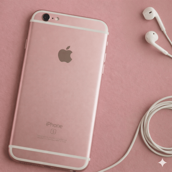 Close-up of the rear aluminium unibody and frame of an Apple iPhone 6 and 6S series handset, set against a solid light pink background for Atlantis repair services.