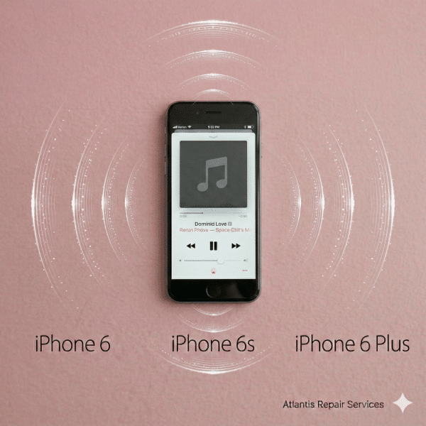Close-up of the speaker grilles on the bottom edge of an Apple iPhone 6 and 6S series handset, set against a solid light pink background for Atlantis repair services.
