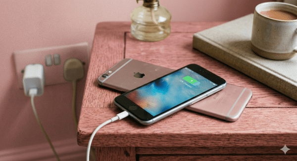 Close-up of a high-capacity internal replacement battery for the Apple iPhone 6 and 6S series, positioned on a solid light pink background for Atlantis repair services.