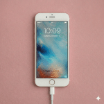 Close-up of the Lightning charging port and headphone jack assembly for an Apple iPhone 6 and 6S, positioned on a solid light pink background for Atlantis repair services.