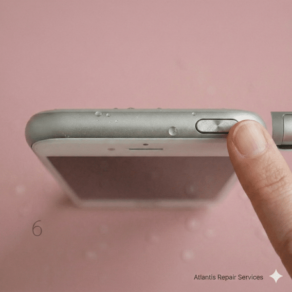 Close-up of the power and volume buttons on the side profile of an Apple iPhone 6 and 6S series handset, set against a solid light pink background for Atlantis repair services.