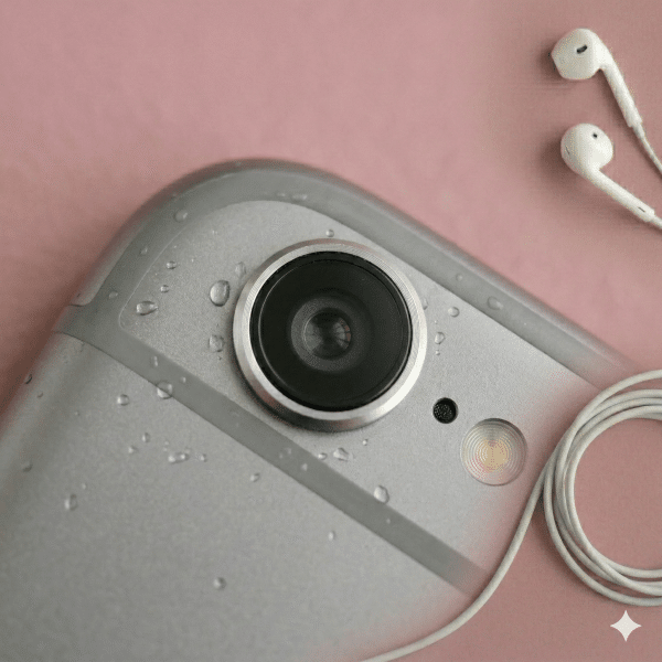 Close-up of the rear camera lens of an Apple iPhone 6S, showcasing the protective sapphire glass on a solid light pink background for Atlantis repair services.