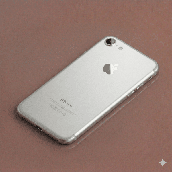 Close-up of a precision-cut sapphire crystal replacement rear camera lens for the iPhone 7, 8, and SE series, positioned on a solid light pink background for Atlantis repair services.