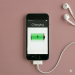 Close-up of a high-capacity internal lithium-ion replacement battery for an iPhone, positioned on a solid light pink background for Atlantis repair services.